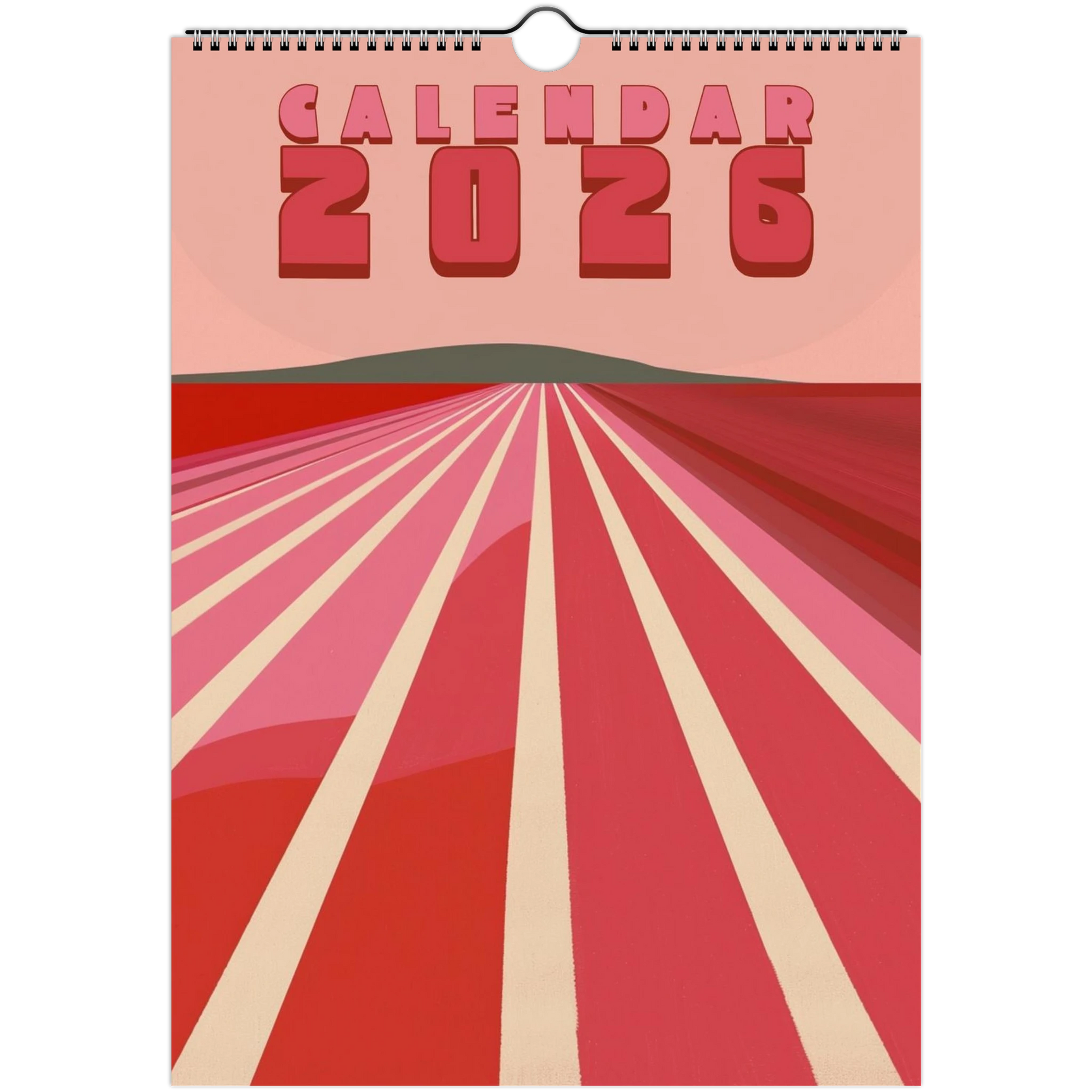 Calendar 2026 with red and pink abstract design on a white background