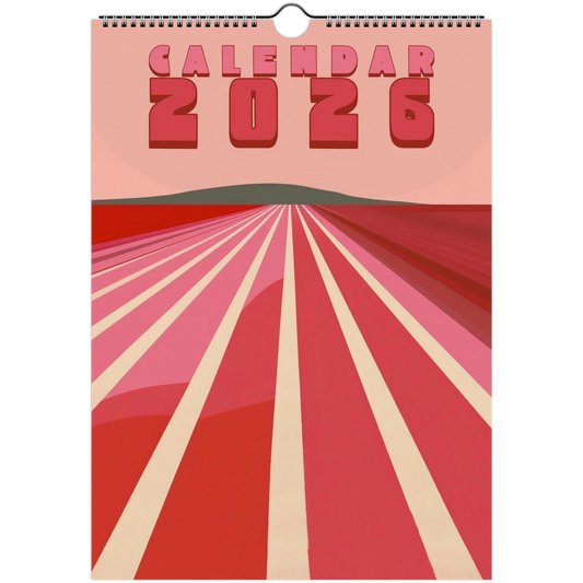 Calendar 2026 with red and pink abstract design on a white background