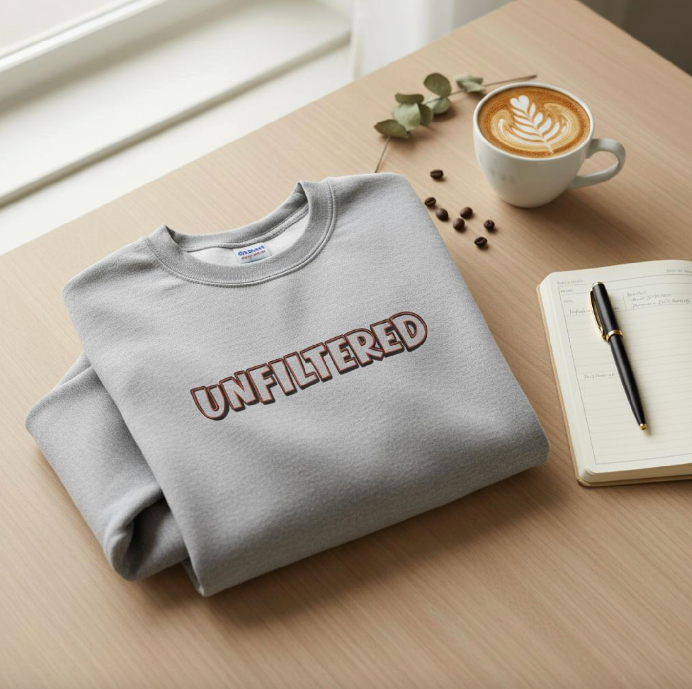 Folded gray sweatshirt with 'UNFILTERED' text on a wooden table with a cup of coffee and notebook.