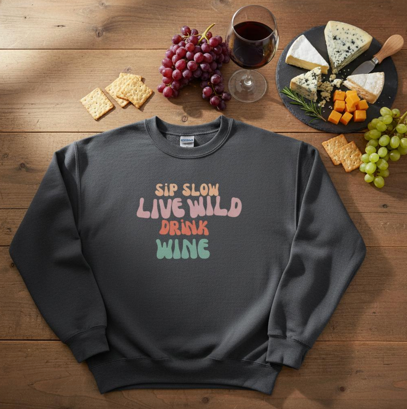 Sip Slow, Live Wild, Drink Wine | Unisex Oversized Sweatshirt | Sustainable Gift with Free Worldwide Shipping
