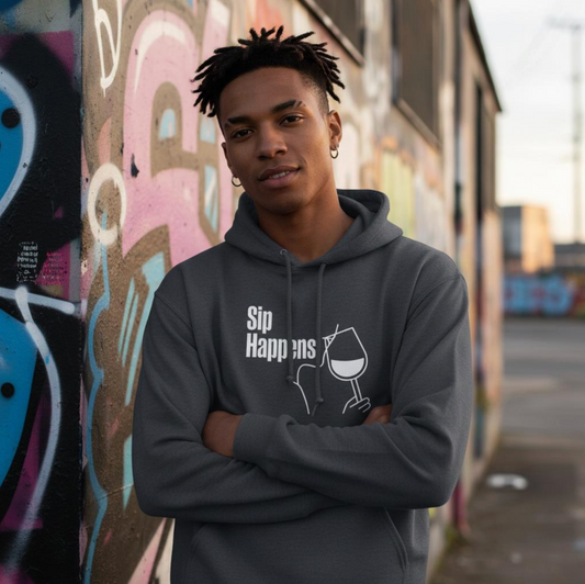 Person standing by a graffiti wall wearing a dark grey “Sip Happens” hoodie with a wine glass design by Taste Union — unisex sustainable wine lover gift.