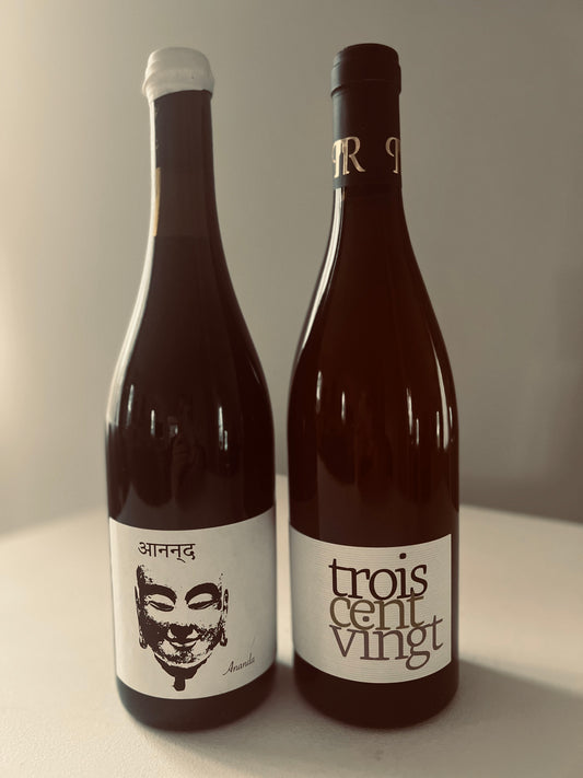 Two bottles of natural wine displayed side by side on a white surface. On the left is Mouton Noir Ananda, featuring a white label with a black Buddha face design and the word 'Ananda' in a script font. On the right is Domaine Pion Trois Cent Vingt, with a minimalist white label and bold, modern typography spelling 'trois cent vingt'.