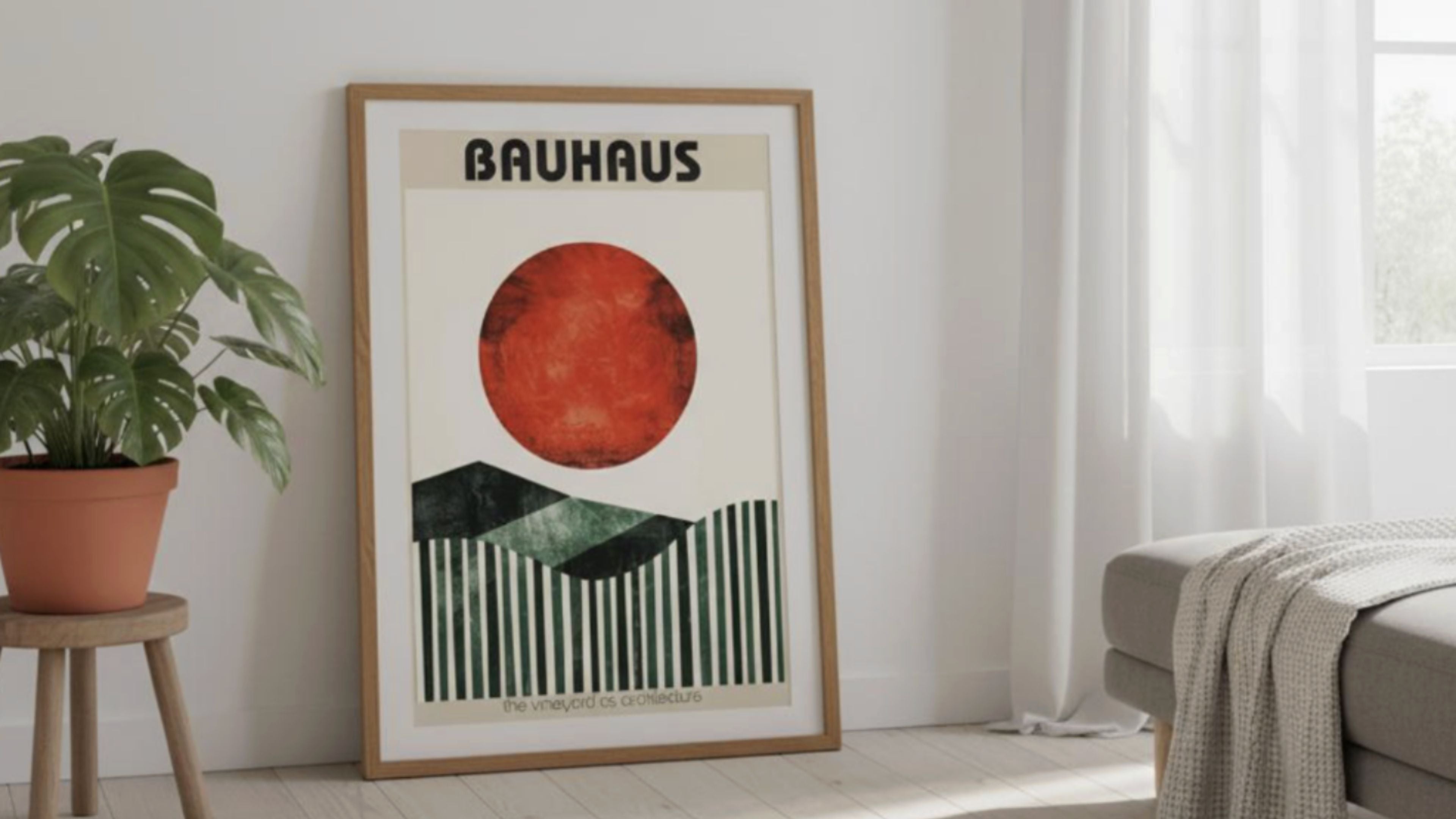 Bauhaus style art print of a vineyard landscape with a bold red sun and green geometric hills, framed and styled as modern wall art in a bright minimalist living room. Perfect for wine lovers, Bauhaus enthusiasts, and modern home decor. Sustainable art print, part of the Taste Union collection of wine posters and wall art for kitchens, living rooms, and bars.