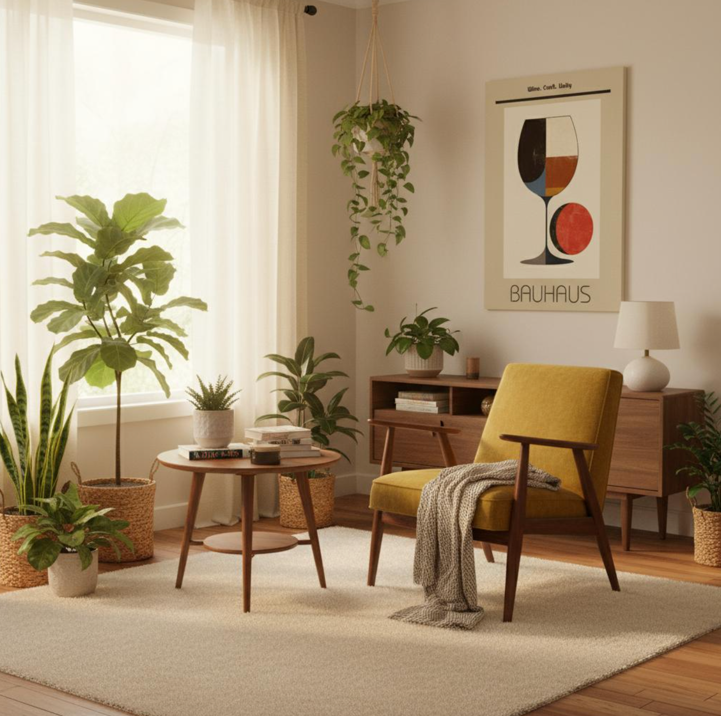 Framed Bauhaus wine poster styled in a mid-century modern living room with mustard armchair, wooden sideboard, and indoor plants. The artwork features a geometric wine glass with bold colour blocks and a red circle, inspired by Bauhaus design. Perfect wall art for wine lovers, adding abstract modernist style to living rooms, dining spaces, or home bars. Minimalist retro artwork that blends vintage Bauhaus aesthetics with warm, contemporary interiors.