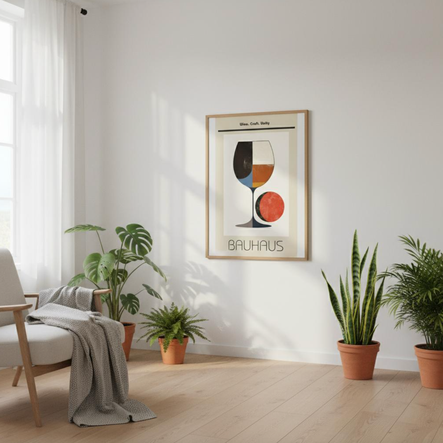 Framed Bauhaus wine poster displayed in a modern living room interior with natural light, wooden floor, and green houseplants. The geometric wine glass design with bold abstract colour blocks creates a stylish statement wall art piece. Perfect as Bauhaus-inspired home decor for wine lovers, dining rooms, kitchens, or home bars. Minimalist modern artwork that blends vintage Bauhaus style with contemporary interior design.