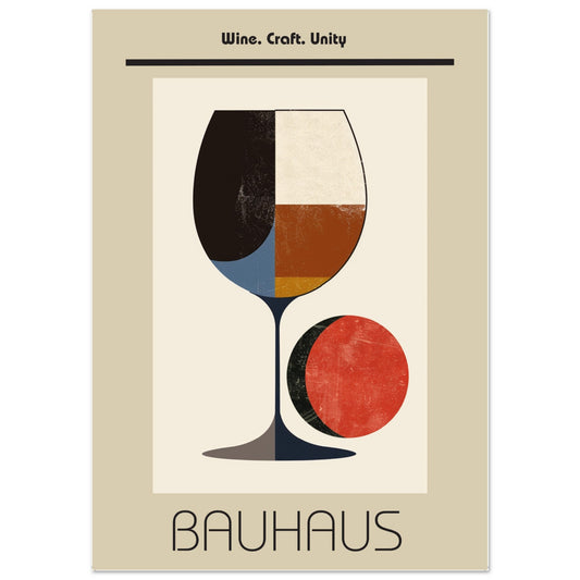 Bauhaus wine poster featuring a modern geometric illustration of a wine glass divided into bold colour blocks with a red circle accent. Vintage-style wall art print inspired by the Bauhaus movement, perfect for wine lovers, kitchens, dining rooms, and home bars. Retro modernist design with clean lines and abstract shapes, ideal as a stylish art print or wine gift for contemporary interiors.