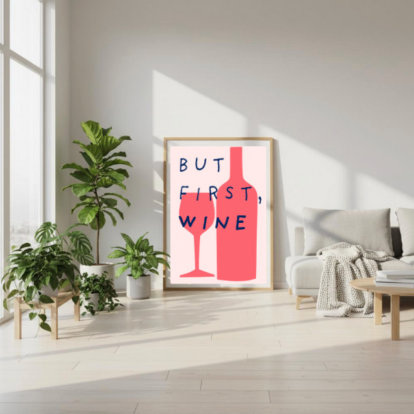 But First Wine digital art print in wooden frame, retro 70s pink and red design for kitchen wall decor, modern wine art by Taste Union.