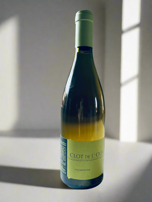 Bottle of Clot de L'Oum Cine Panetonne 2019 White Wine, featuring a green label and light reflection, placed on a white surface with a softly lit background.