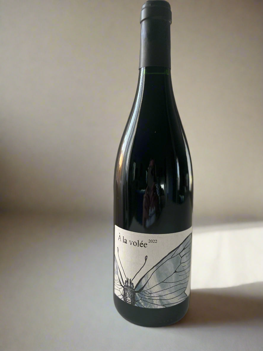 Bottle of Colline de l'Hirondelle À la Volée 2022 red wine featuring a minimalist label with a butterfly design, photographed on a light surface.