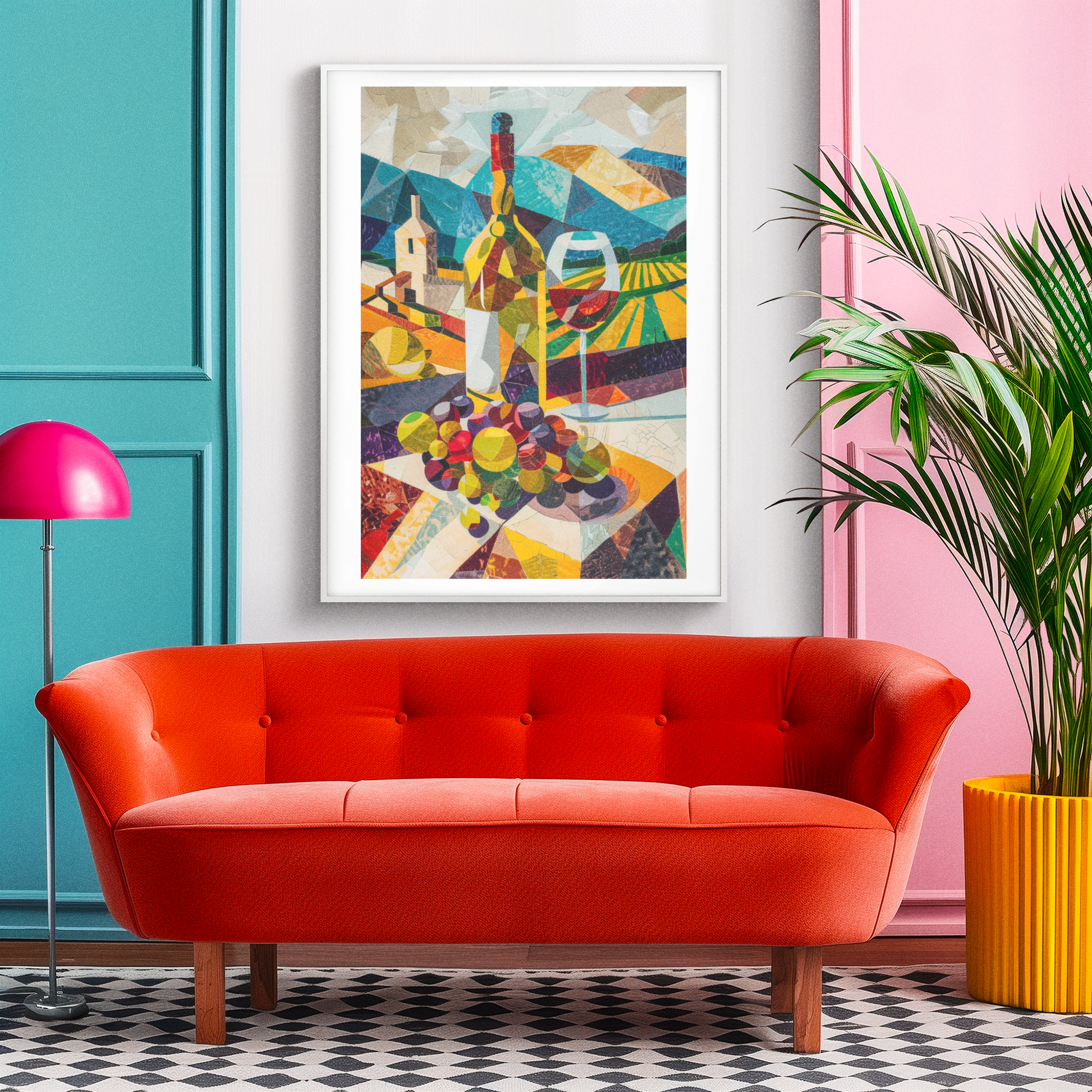 Framed colourful vineyard wine poster above a red sofa in a modern living room with pink and teal walls — bold abstract wall art adding warmth and Mediterranean flair.
