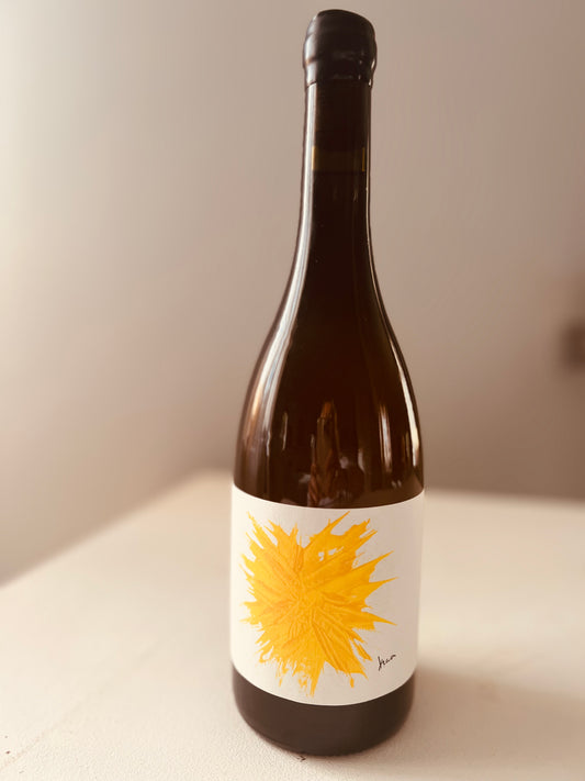 A sophisticated bottle of Gilles Troullier orange wine from Roussillon, showcasing a minimalist label design with refined typography that highlights the artisan nature of the wine. The bottle exudes elegance and craftsmanship, reflecting the unique character of Roussillon orange wines