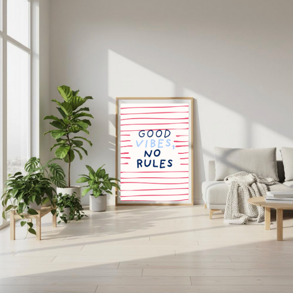 Good Vibes No Rules digital art print in wooden frame, retro pink and blue stripe kitchen wall decor by Taste Union.