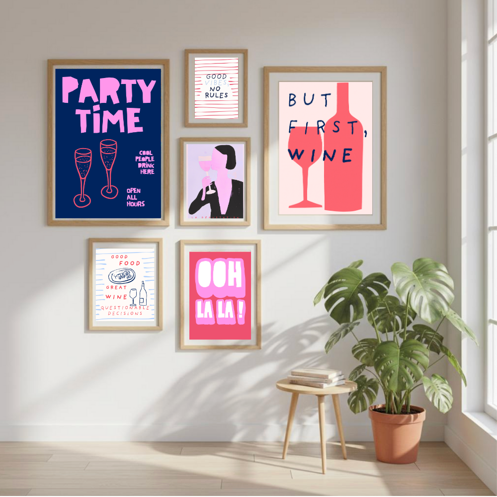 Kitchen wall art set featuring six retro digital art prints with wine and food themes in wooden frames, modern 70s-style decor by Taste Union.