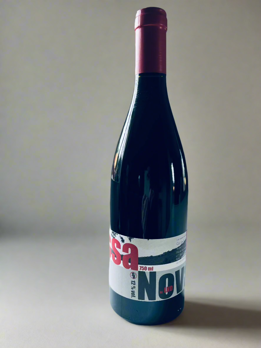 A bottle of La Nouvelle Don(n)e Bossa Nova biodynamic red wine with a modern label, featuring a minimalist white background and bold black and red typography.