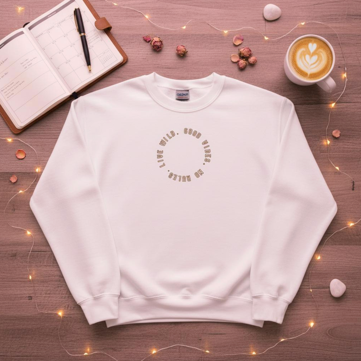 White ‘Live Wild · Good Vibes · No Rules’ embroidered sweatshirt in a cozy lifestyle flat-lay with notebook, coffee and fairy lights.