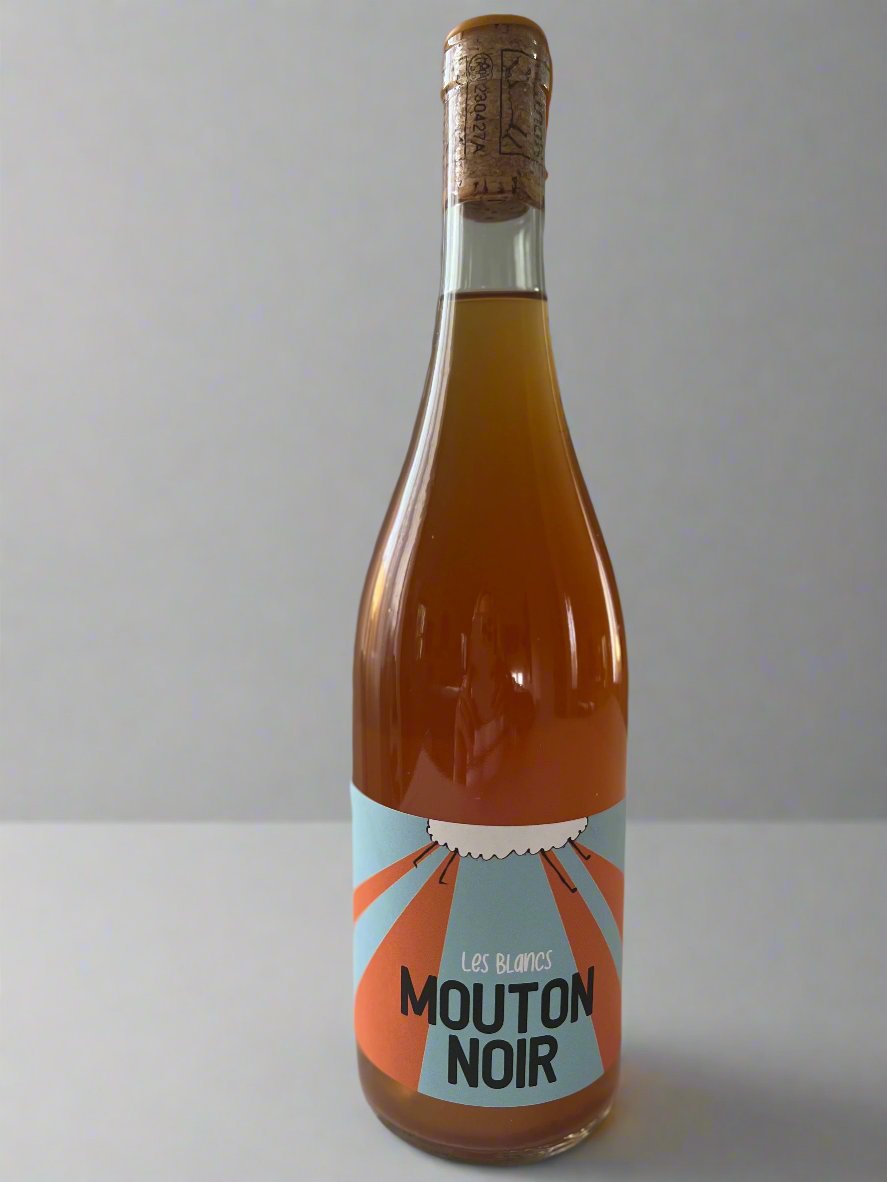 A beautifully designed bottle of Mouton Noir Les Blancs orange wine, featuring a bold and modern label that reflects the wine's innovative character. The bottle highlights the unique qualities of orange wine, crafted with care and expertise.