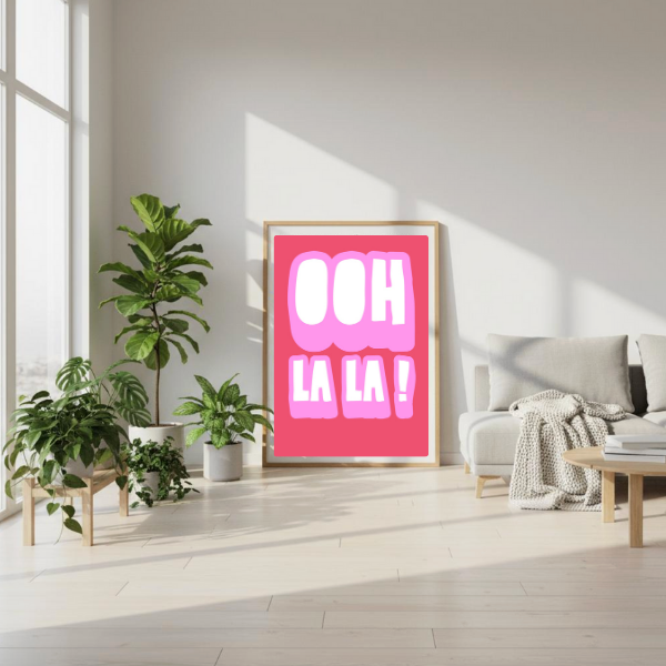 Ooh La La digital art print in pink and white, bold retro 70s typography for kitchen or bar wall decor by Taste Union.