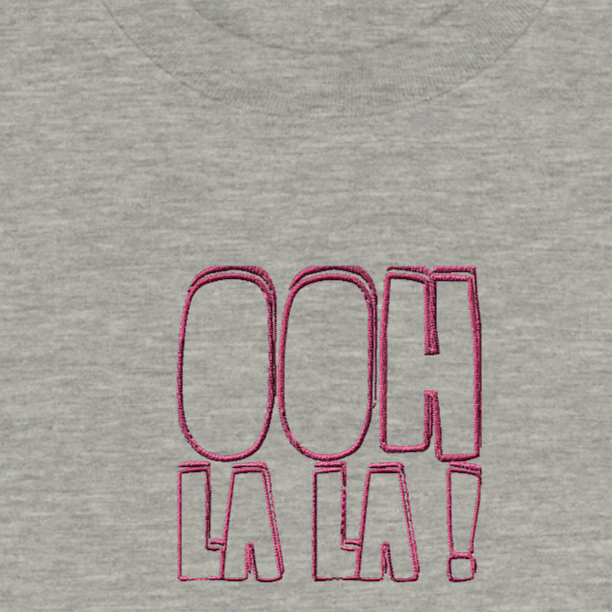 close up of the embroidery on a grey sweatshirt saying 'ooh la la'