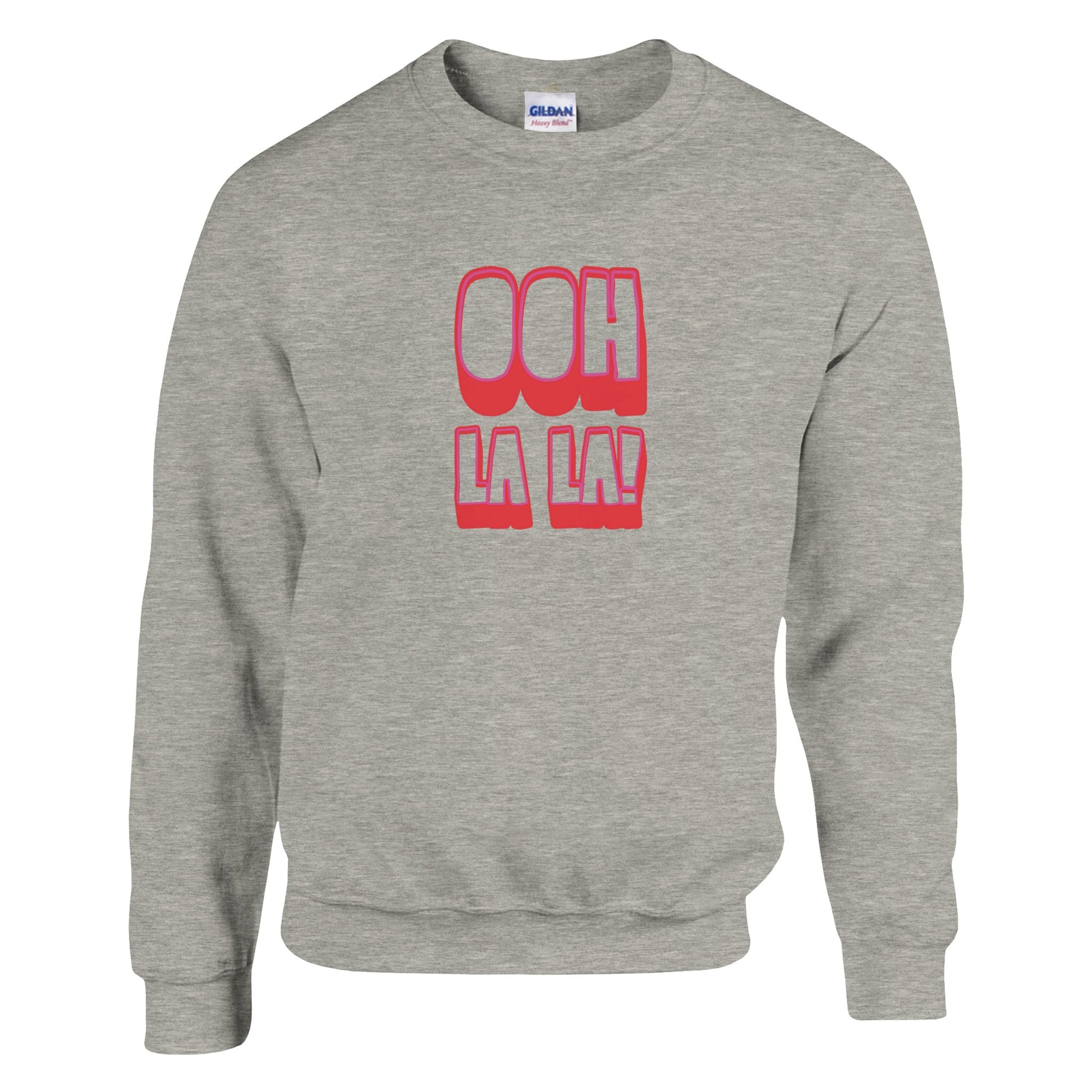 Grey Ooh La La sweatshirt by Taste Union, unisex crewneck jumper with bold pink retro text on front, flat lay product image on white backgroun