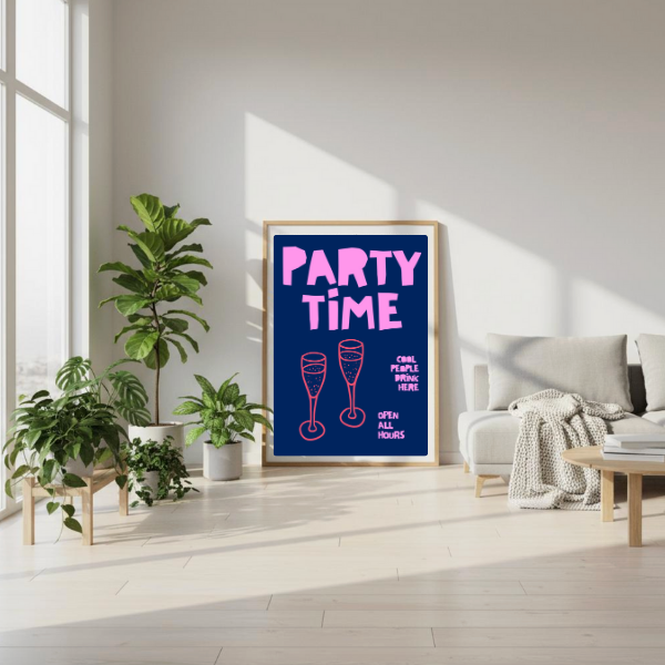 Party Time digital art print in wooden frame, retro 70s style kitchen wall decor by Taste Union, featuring pink champagne glasses on navy background.
