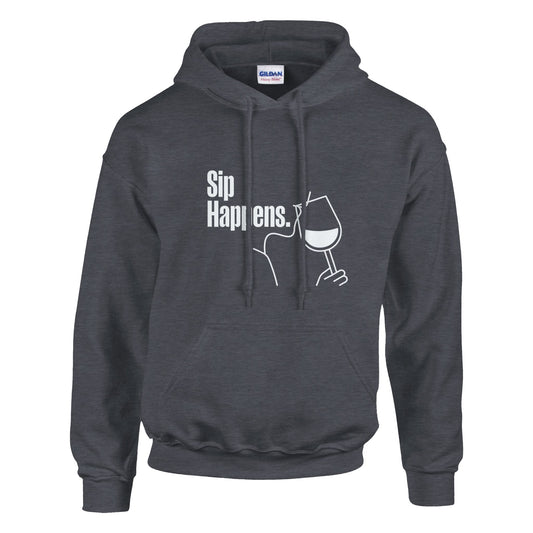 Unisex dark grey “Sip Happens” hoodie with wine glass graphic — sustainable sweatshirt for wine lovers by Taste Union, free worldwide shipping.