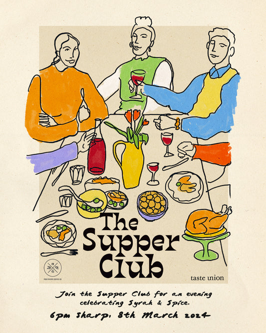 Illustration of four people enjoying wine and food at a dinner table for Taste Union’s Supper Club. Event promotes natural wine and food pairing in Hertford on 8 March