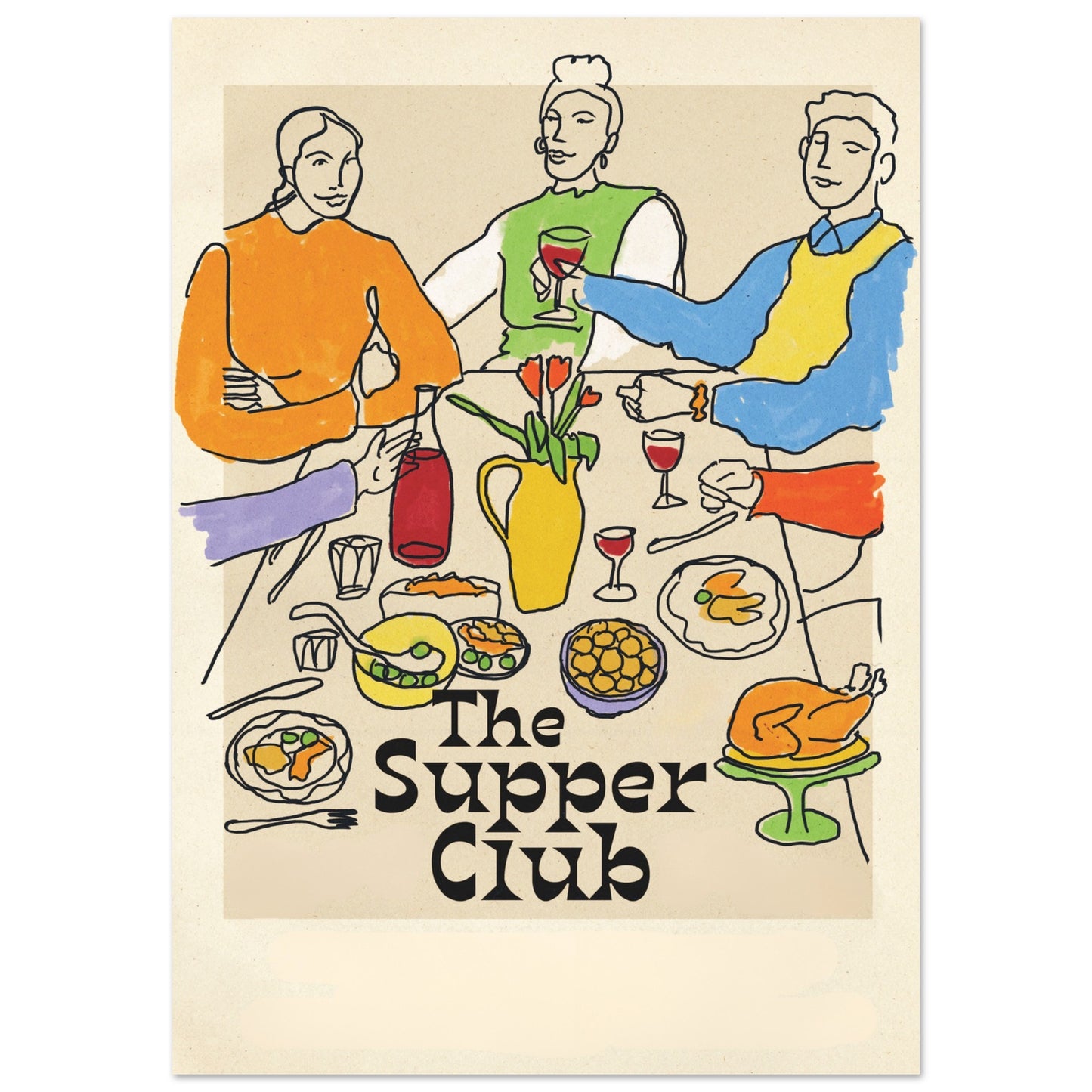 The Supper Club Poster – colorful illustration of three people sharing wine and food at a dinner table. Modern dining room wall art print featuring wine glasses, dishes, and lively conversation. Perfect for kitchen wall decor, bar artwork, foodie prints, and gifts for wine lovers. Sustainable premium matte poster for home or entertaining space.