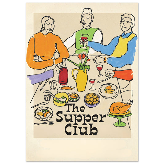 The Supper Club Poster – colorful illustration of three people sharing wine and food at a dinner table. Modern dining room wall art print featuring wine glasses, dishes, and lively conversation. Perfect for kitchen wall decor, bar artwork, foodie prints, and gifts for wine lovers. Sustainable premium matte poster for home or entertaining space.