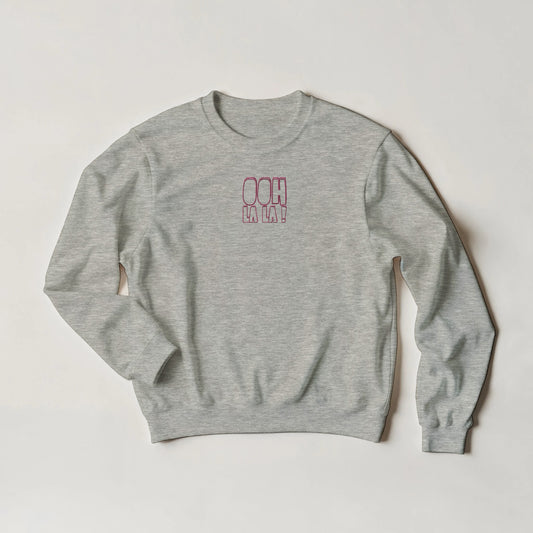 Grey marl sweatshirt with pink embroidered text ‘Ooh La La!’. Sustainable unisex sweatshirt by Taste Union.