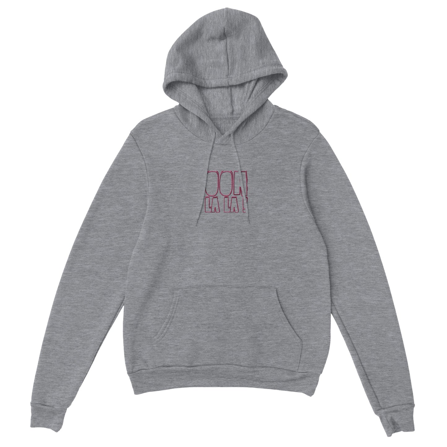Grey hoodie with red embroidered text ‘Ooh La La!’. Sustainable unisex hoodie by Taste Union with relaxed fit.