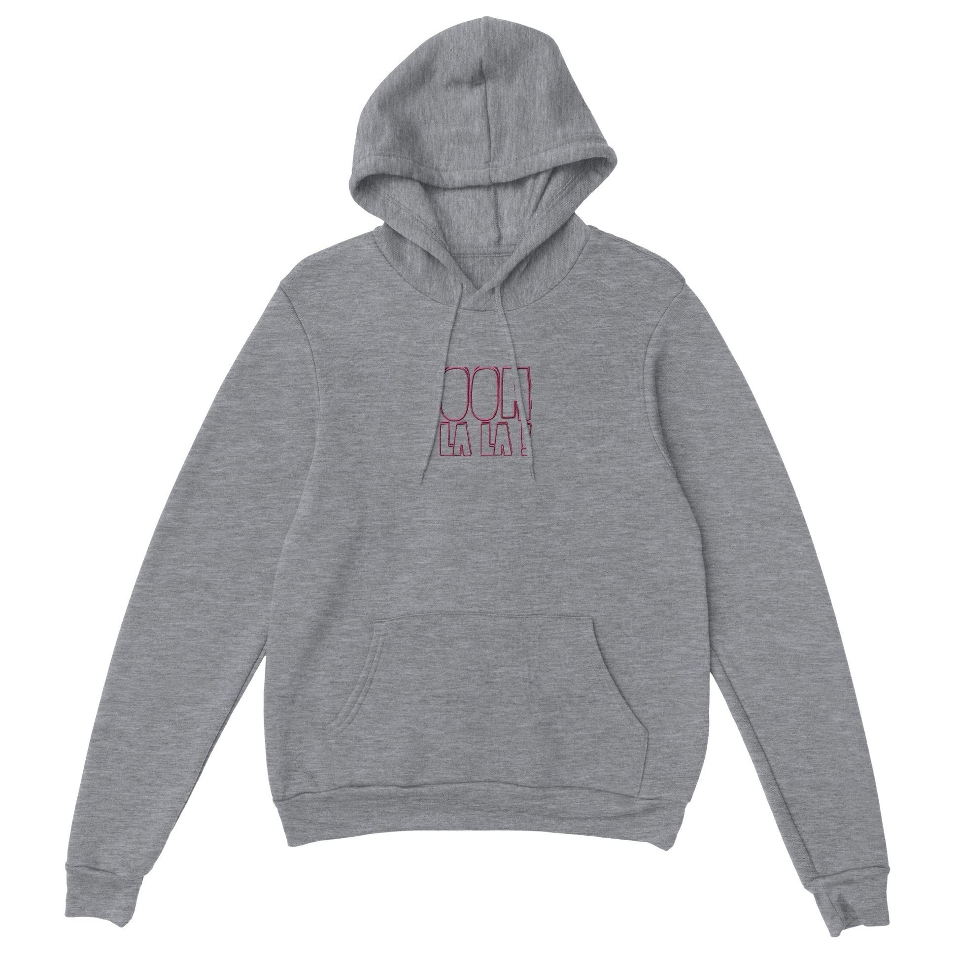 Grey hoodie with red embroidered text ‘Ooh La La!’. Sustainable unisex hoodie by Taste Union with relaxed fit.
