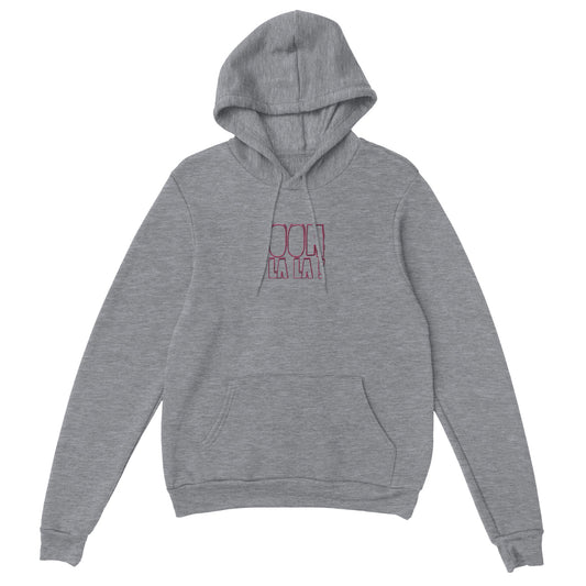 Grey hoodie with red embroidered text ‘Ooh La La!’. Sustainable unisex hoodie by Taste Union with relaxed fit.