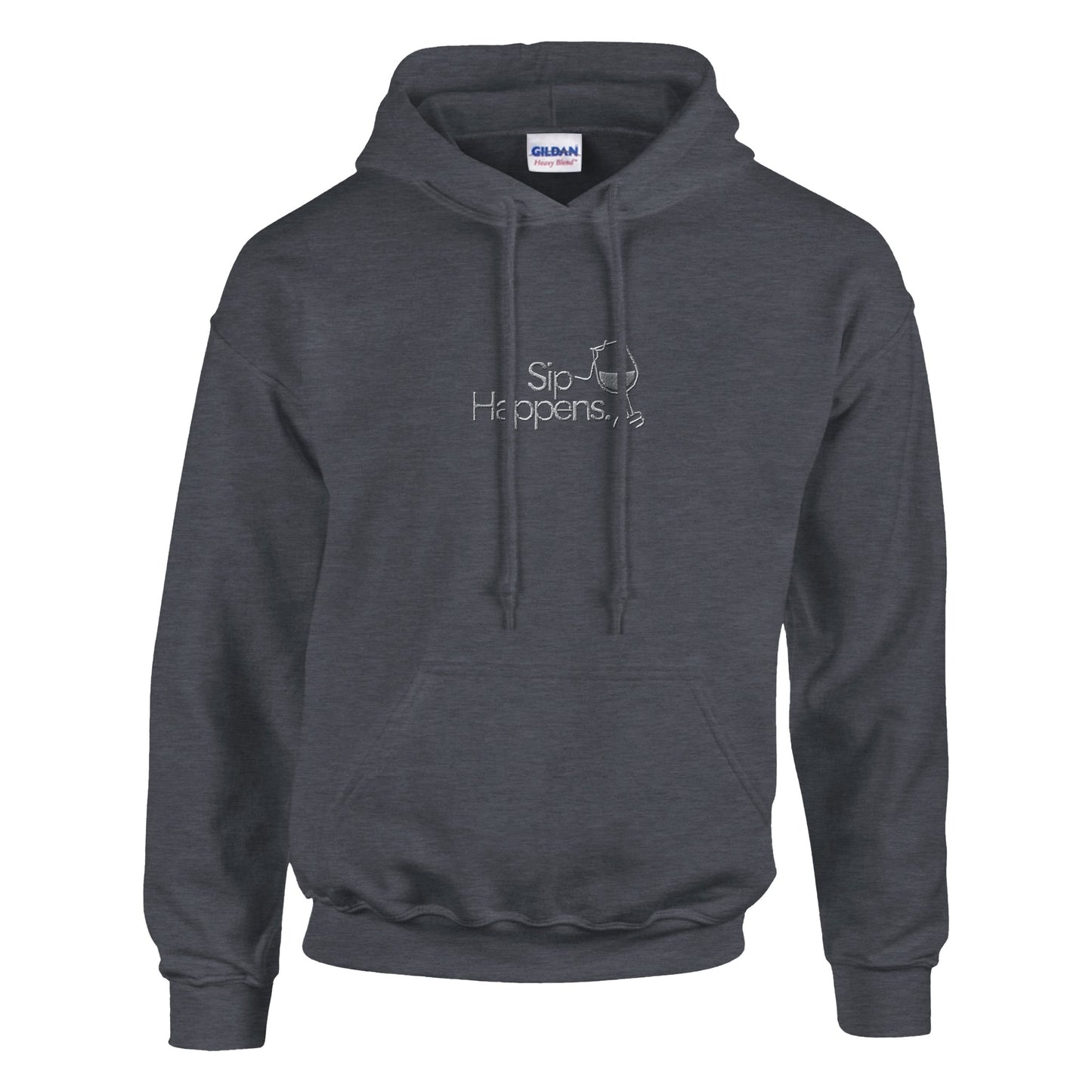 Dark heather grey hoodie with white embroidered text ‘Sip Happens’. Sustainable unisex hoodie by Taste Union.
