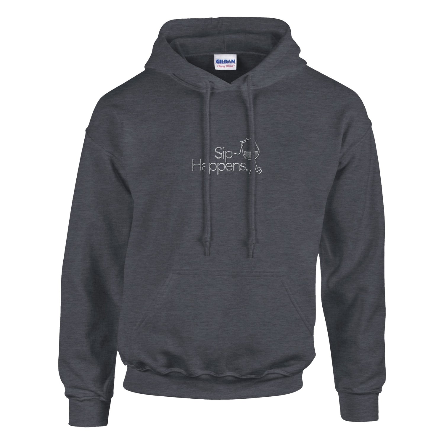 Dark heather grey hoodie with white embroidered text ‘Sip Happens’. Sustainable unisex hoodie by Taste Union.