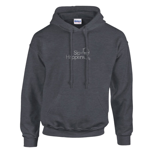 Dark heather grey hoodie with white embroidered text ‘Sip Happens’. Sustainable unisex hoodie by Taste Union.