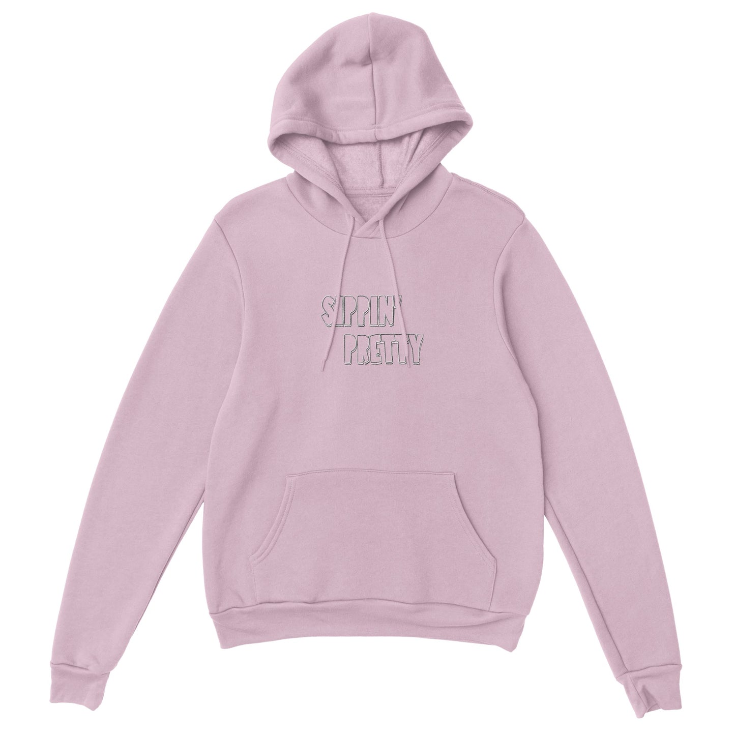 Pink hoodie with white embroidered text ‘Sippin’ Pretty’. Sustainable unisex hoodie by Taste Union with relaxed oversized fit.