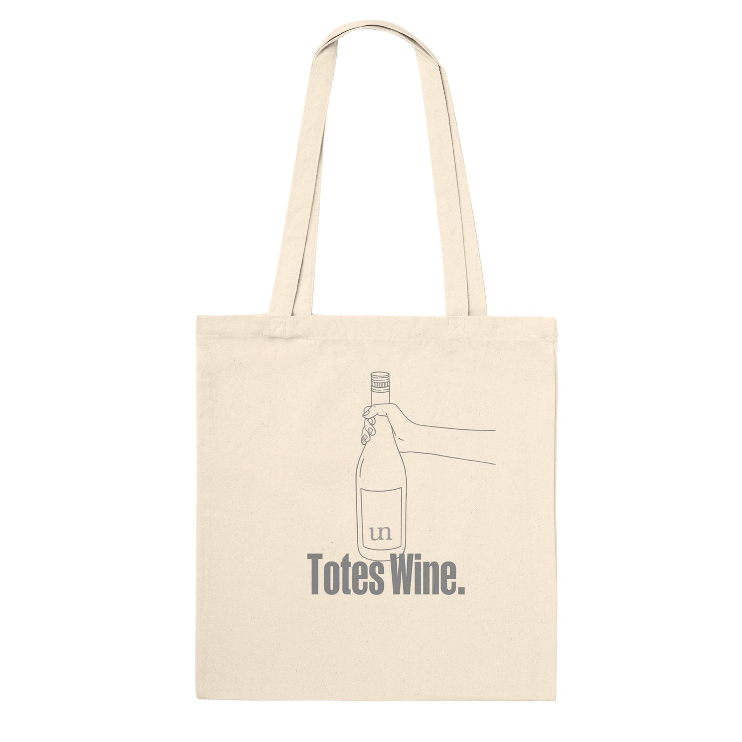 Natural canvas tote bag with 'Totes Wine' text and minimalist wine bottle illustration. Eco-friendly and perfect for wine lovers and shopping trips.