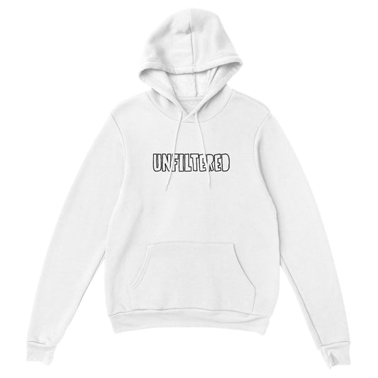 White hoodie with black embroidered text ‘Unfiltered’. Sustainable unisex hoodie by Taste Union with relaxed fit.