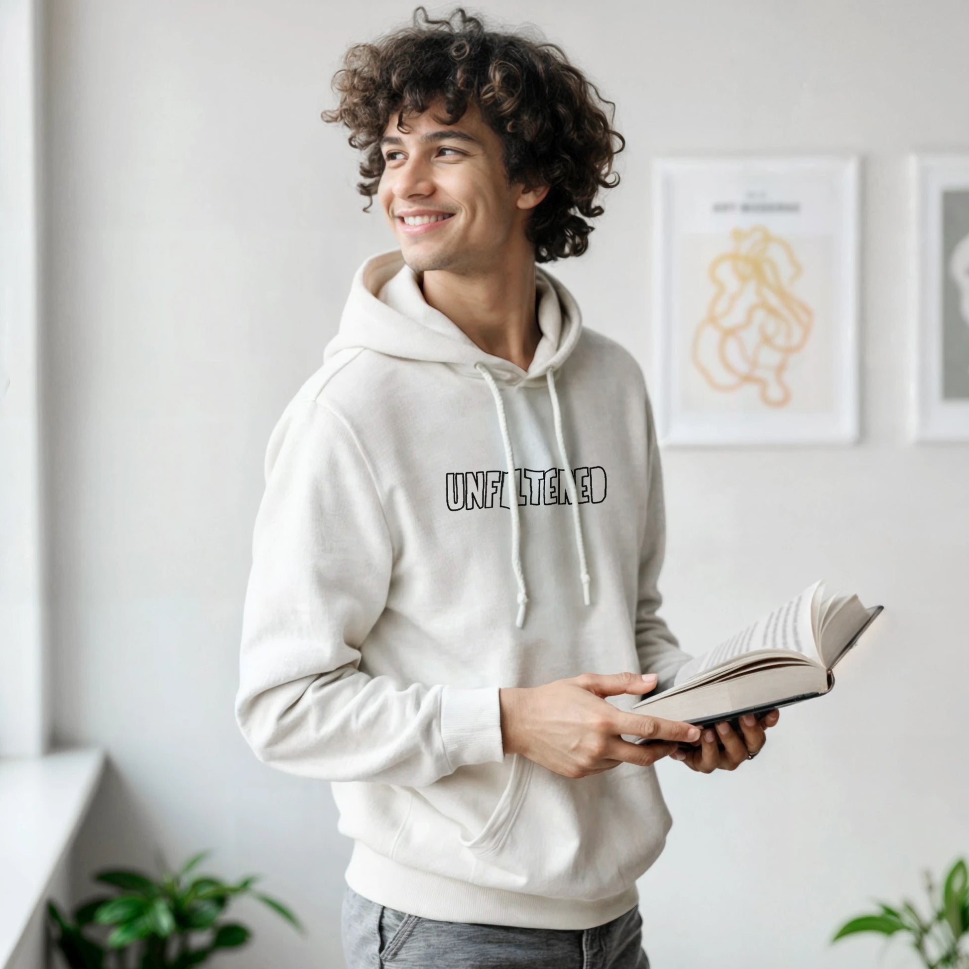 Model wearing white hoodie with black stitched text ‘Unfiltered’. Ethically made unisex embroidered hoodie by Taste Union.