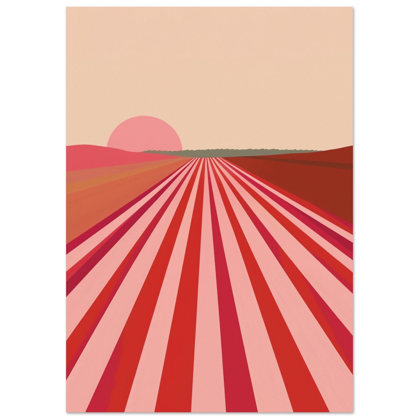 Artistic minimal depiction of a sun setting over a vineyard with red and pink tones.