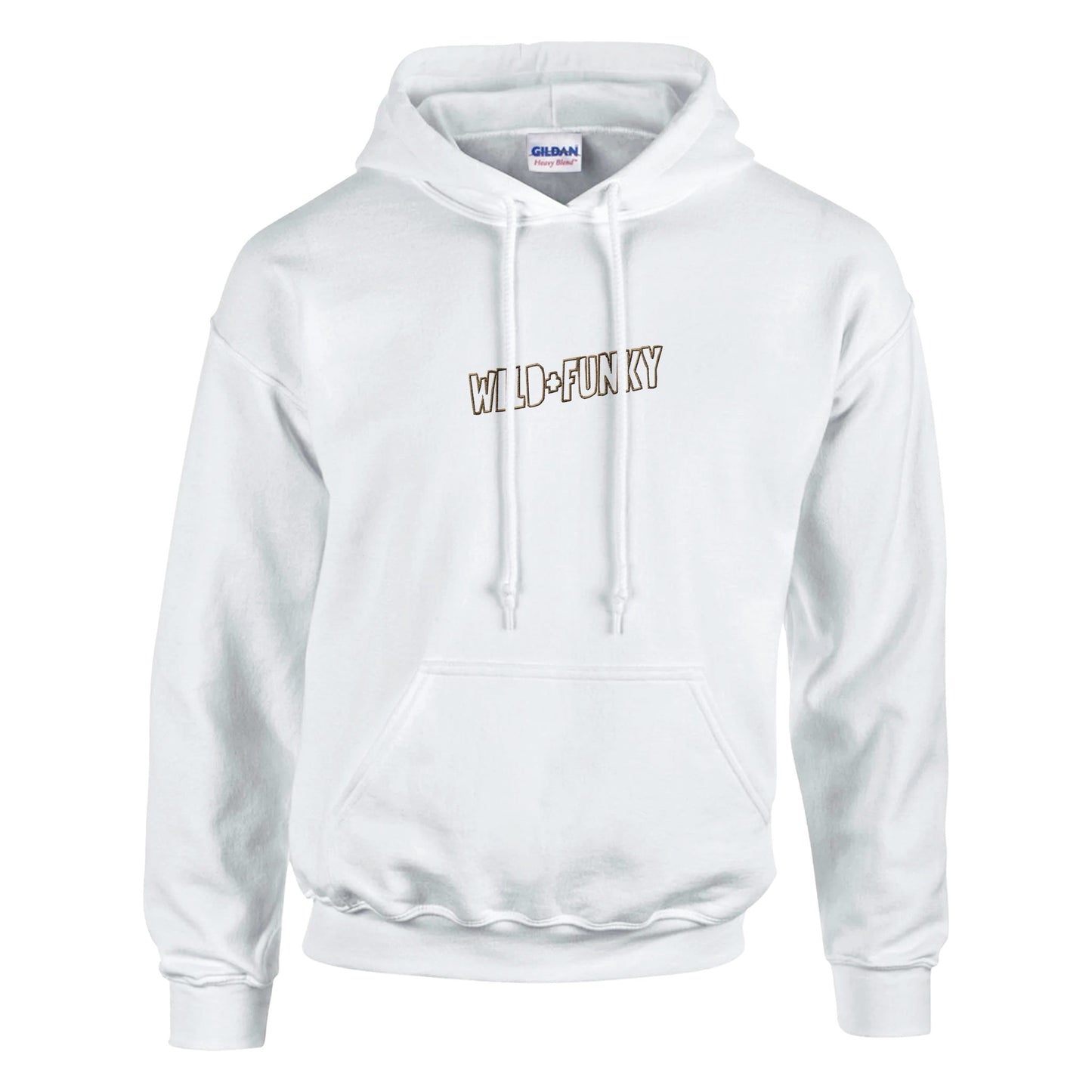 Close-up of gold embroidered text ‘Wild + Funky’ on white sustainable unisex hoodie by Taste Union.