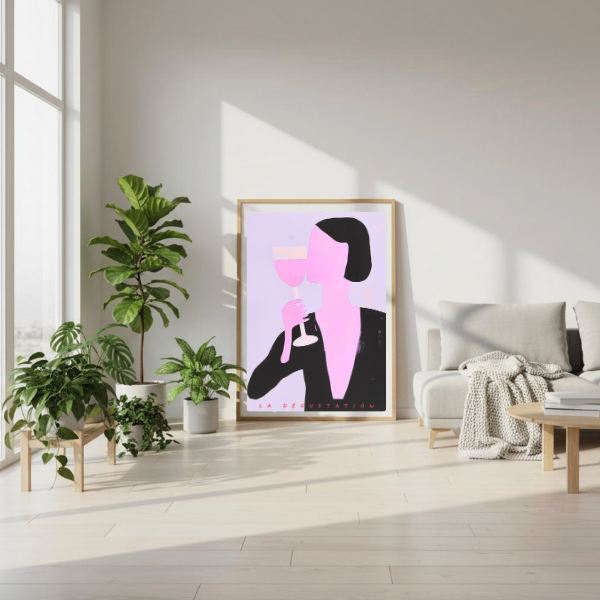 The Muse digital art print featuring minimalist woman with wine glass in pink and lilac tones, modern wine art by Taste Union.
