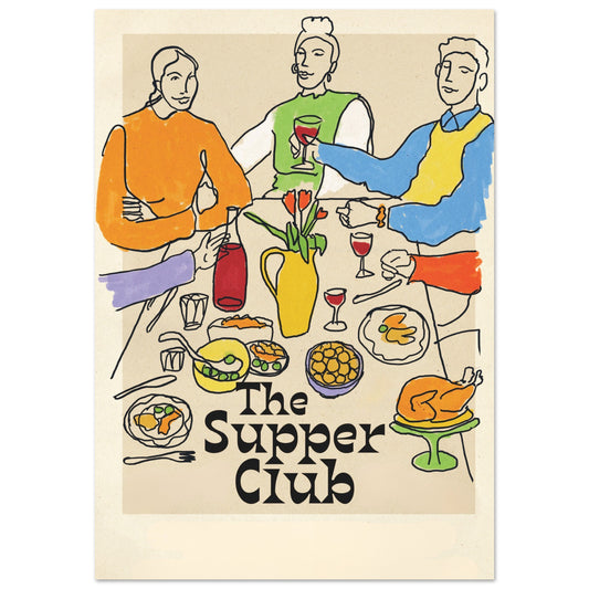 Colourful illustrated Supper Club poster featuring friends sharing wine and food at a dinner table – modern kitchen, dining room, or bar wall art.