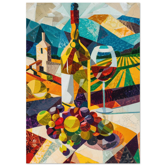 Colourful collage-style wine poster featuring a bottle, glass, and grapes in bold abstract shapes — vibrant vineyard wall art for kitchen, dining room, or bar decor.