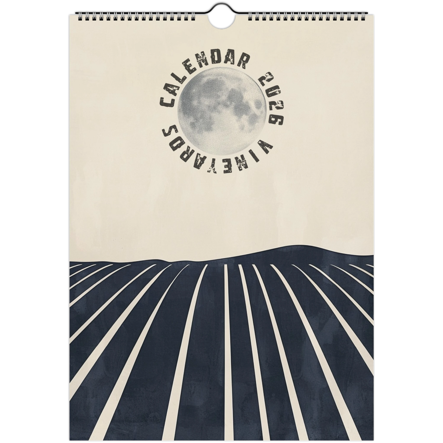 2026 Vineyards Calendar featuring a minimalist Bauhaus-inspired design with a full moon above geometric vineyard lines in navy and cream tones, modern wall calendar for wine and art lovers.