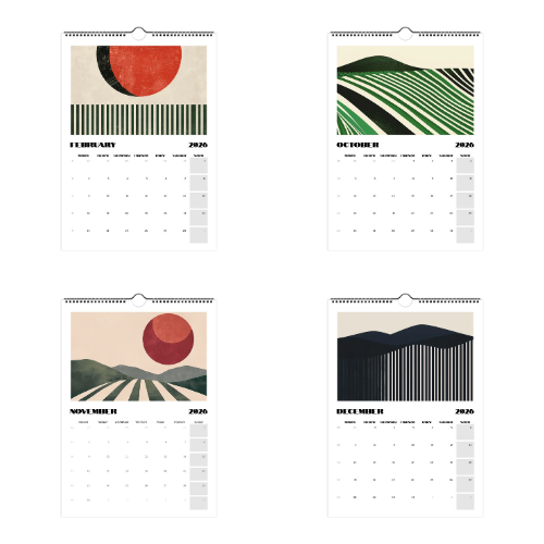 Final set of 2026 Vineyards Calendar pages for February, October, November, and December, designed in a geometric Bauhaus style with vineyard lines, red suns, and green hills.