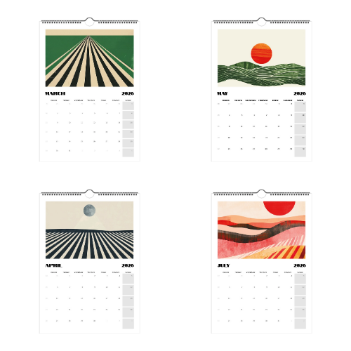 Modern vineyard-themed calendar pages for March, April, May, and July 2026 featuring abstract Bauhaus landscapes with graphic lines, moons, and sun motifs.