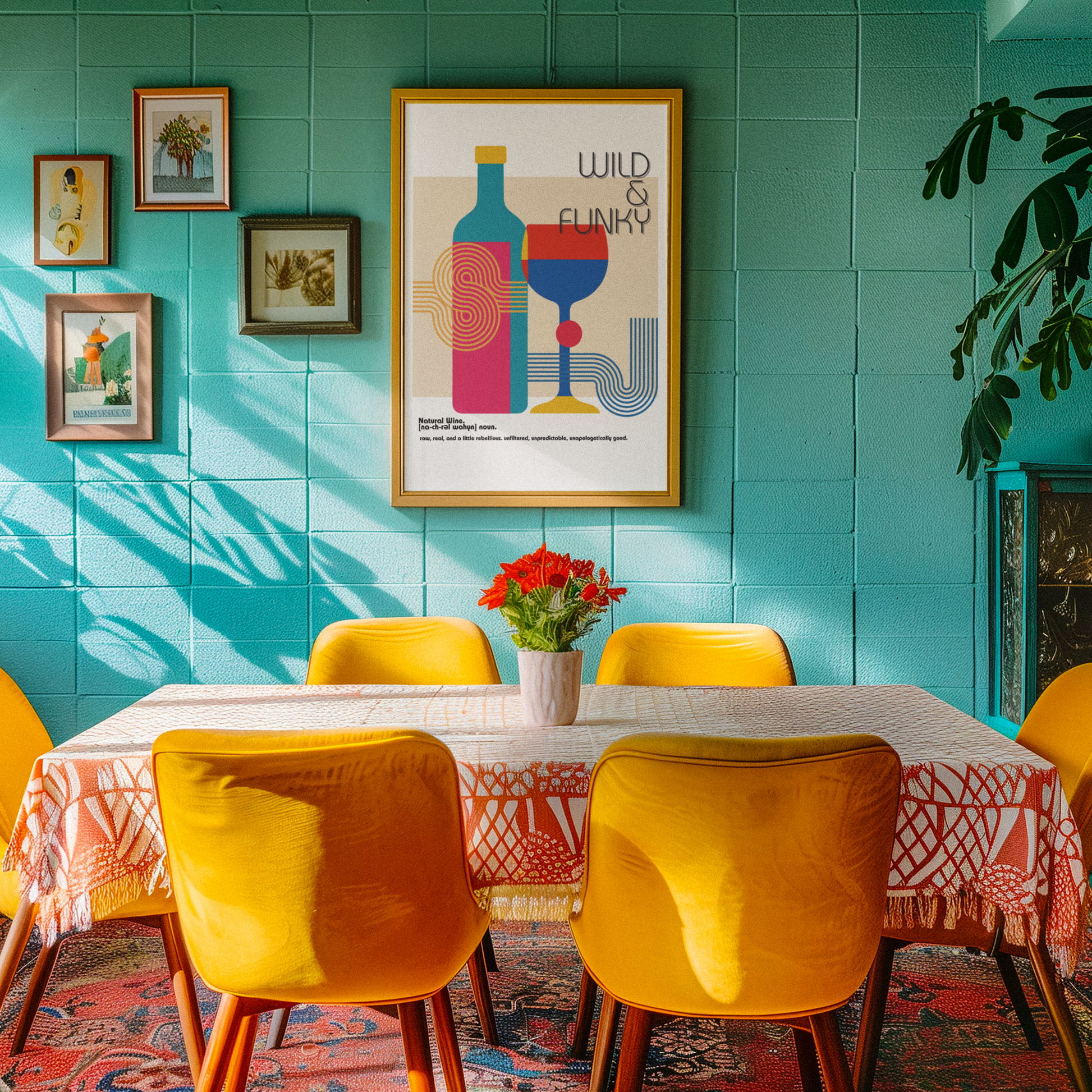 Framed natural wine poster with bold geometric design and 'Wild & Funky' text, styled in a vibrant dining room with yellow chairs and teal wall