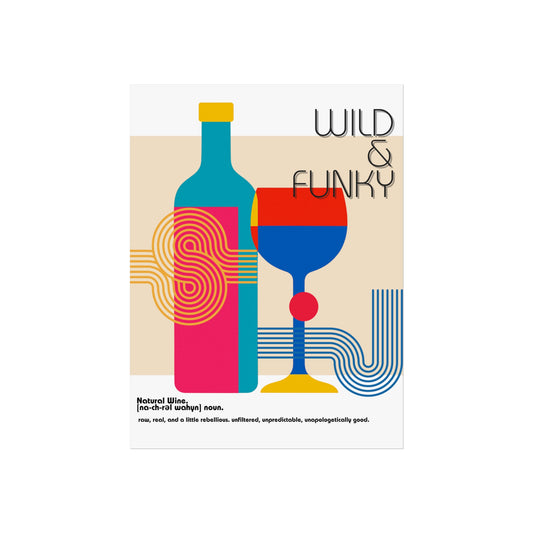 Colorful wine bottle and glass graphic with 'Wild & Funky' text on a beige background