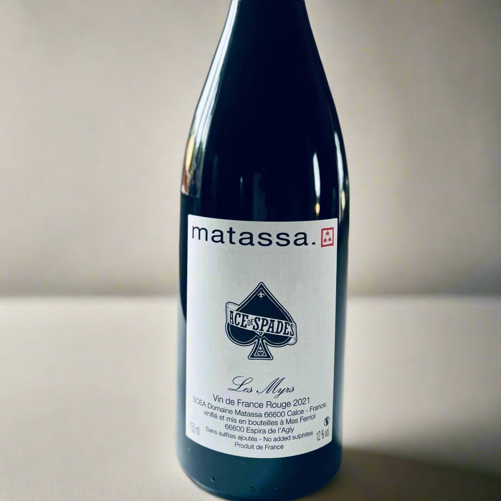 Matassa Ace of Spades natural wine bottle by Tom Lubbe, a 2021 vintage biodynamic wine made from Carignan and Mourvèdre in Roussillon, showcasing bold blackberry flavours